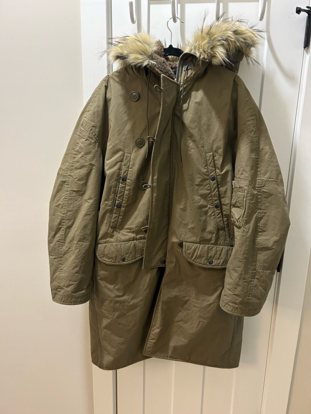 R13 Olive Green Parka Coat with Faux Fur Trim